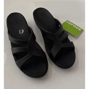 NWT Crocs Sanrah Strappy Wedge Black Womens 11 Strappy Slip-on Comfort Shoe